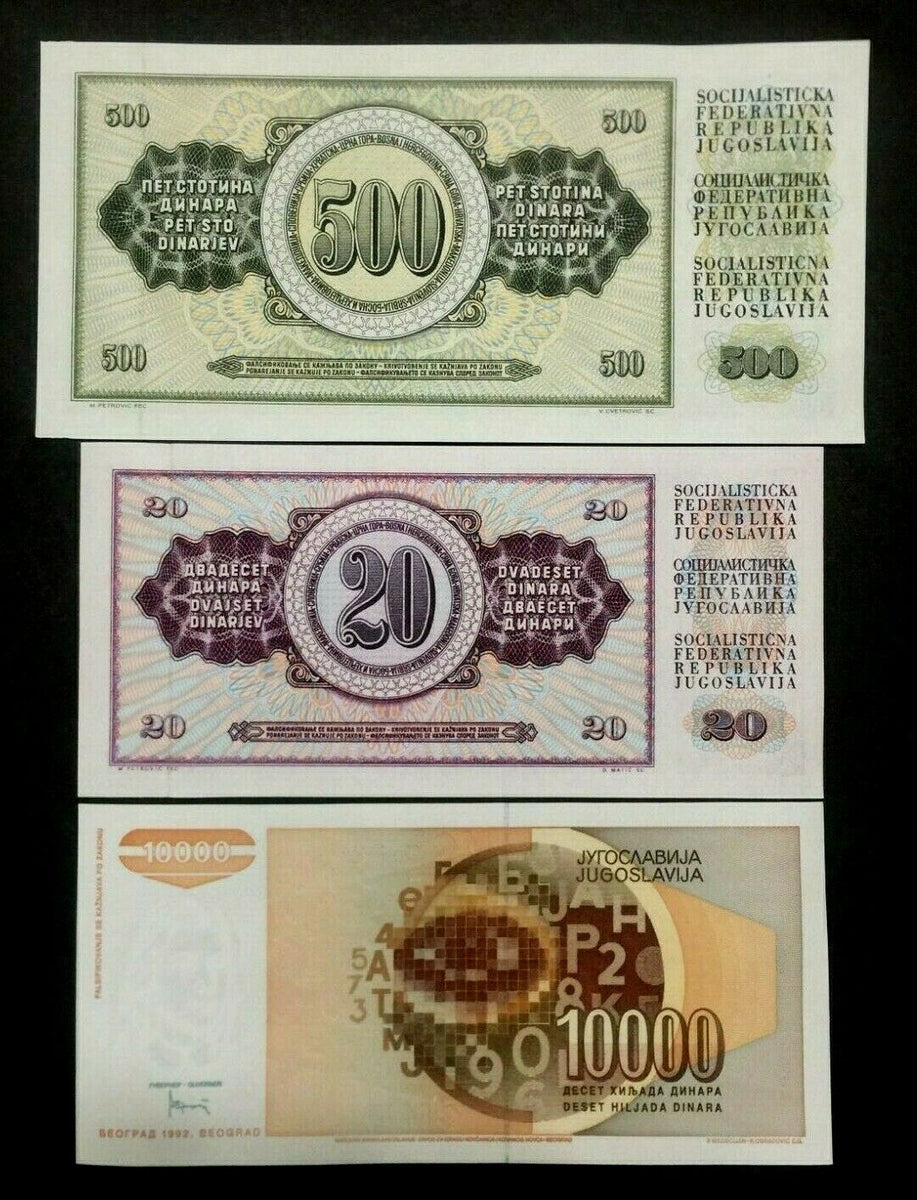 Yugoslavia 10000-500-20 Dinar Banknote World Paper Money UNC