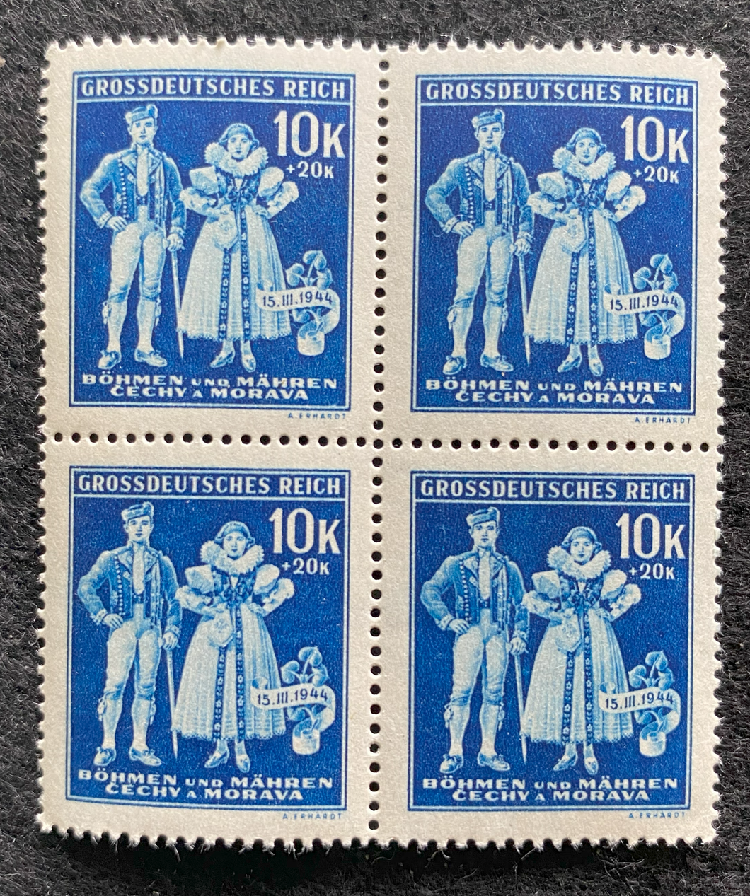 Rare Old Antique Authentic WWII Unused German Nazi Stamp King Queen Year 1944- 10 K Block Of 4 - Collectors Couch
