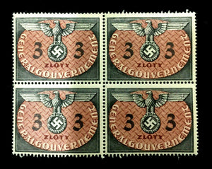 Antique Authentic WWII German Nazi Eagle with SWASTIKA Unused  4 Stamps Block - 3 Zloty  Polish Occupation Third Reich - Collectors Couch