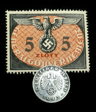 Load image into Gallery viewer, Rare Nazi Third Reich 1 Reichspfennig Coin with Swastika &amp; Rare Uncirculated  5 Zloty Stamp - WWII Artifacts - Collectors Couch