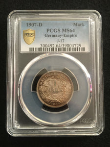 Rare Historical Silver 1907-D Germany 1 Mark PCGS MS64 - 100 Plus Year Old - Collectors Couch