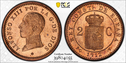 SPAIN 2 CENTIMOS 1912-PC V  PCGS MS 65 RD RARE - Collectors Couch