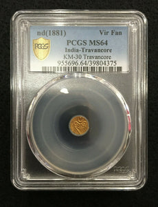 1881 India Travancore Gold Viraraya Fanam PCGS MS64 - A Rare Historical Artifcat - Collectors Couch