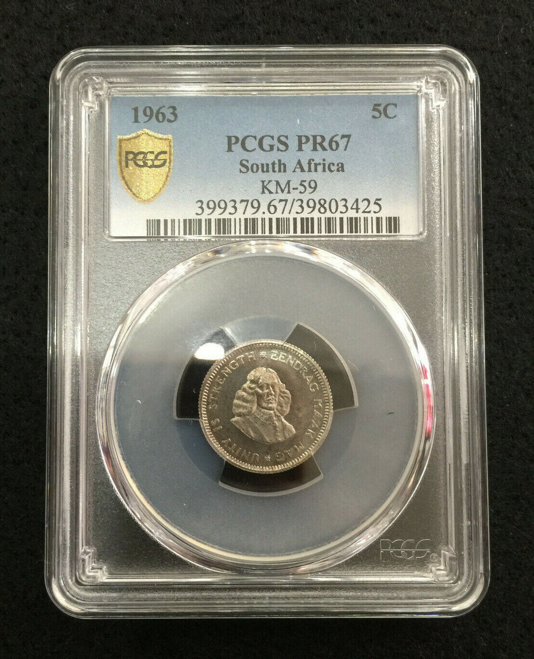 1963 South Africa 5 Cent PCGS PR67 - Rare Historical Certified Artifact - Collectors Couch