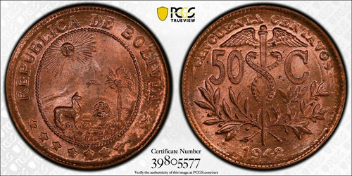 1942 Bolivia 50 Centavos PCGS MS65+ Red Restrike - Collectors Couch