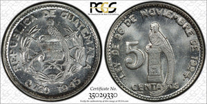 Guatemala 5 Centavos 1945 PCGS MS66 - Collectors Couch