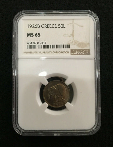 Greece 50 lepta 1926 B, NGC MS65, Second Hellenic Republic (1924 - 1935) - Collectors Couch