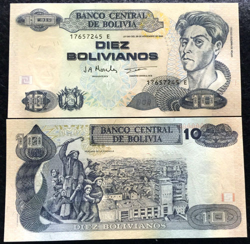 Bolivia 10 Bolivianos 1986 P204 Series E Banknote World Paper Money UNC - Collectors Couch