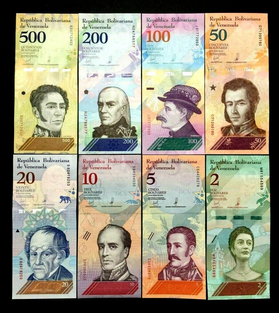 Venezuela Bolivares Set of 8 Banknotes World Paper Money UNC