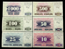 Load image into Gallery viewer, Bosnia &amp; Herzegovina 1000,500,100,50,25,10 Dinara 1992 UNC Banknotes - Collectors Couch