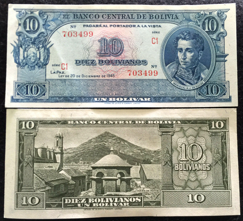 Bolivia 10 Bolivianos 1945 P139d Banknote World Paper Money UNC - Collectors Couch