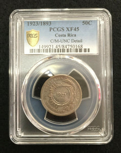 COSTA RICA 50 CENTIMOS 1923/1893 PCGS XF45 C/M UNC - DETAIL. - Collectors Couch