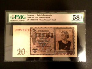Antique Historical WWII Era 20 Reichsmark 1939 Sequential Set of 5 - PMG UNC EPQ - Collectors Couch