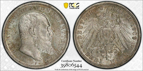 Rare Historical Germany 1909-F Wurttemberg 3 Mark PCGS MS62 - 100 Plus Year Old - Collectors Couch