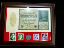 Load image into Gallery viewer, Rare WW2 German10 Rp Coin &amp; Stamps &amp; 10000 Mark Bill - Historical Artifact - Collectors Couch